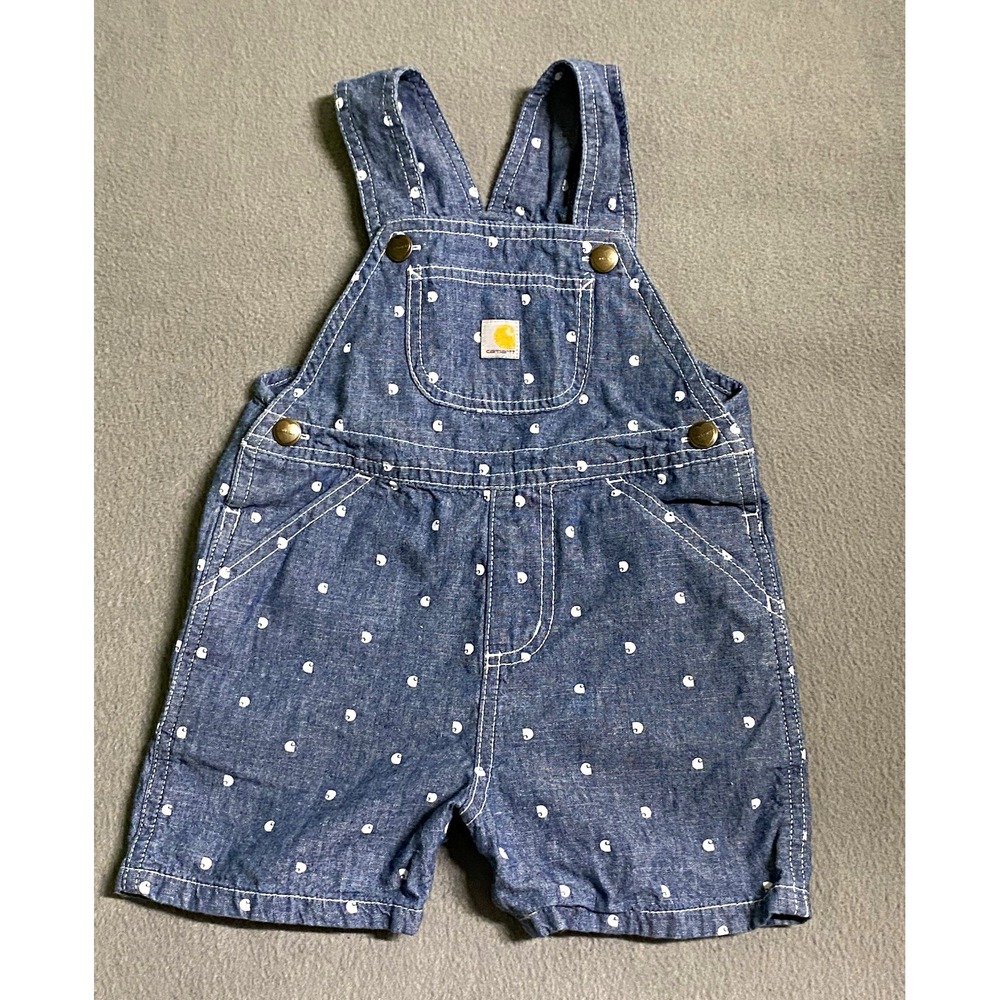 Carhartt Denim all over logo Shortall Overalls Blue/White 3T adj strap pockets